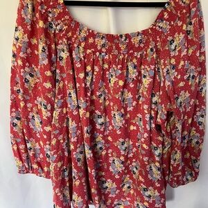 Chaps Floral Peasant Blouse 2X Boho Smocked Off Shoulder Red Flowy Top